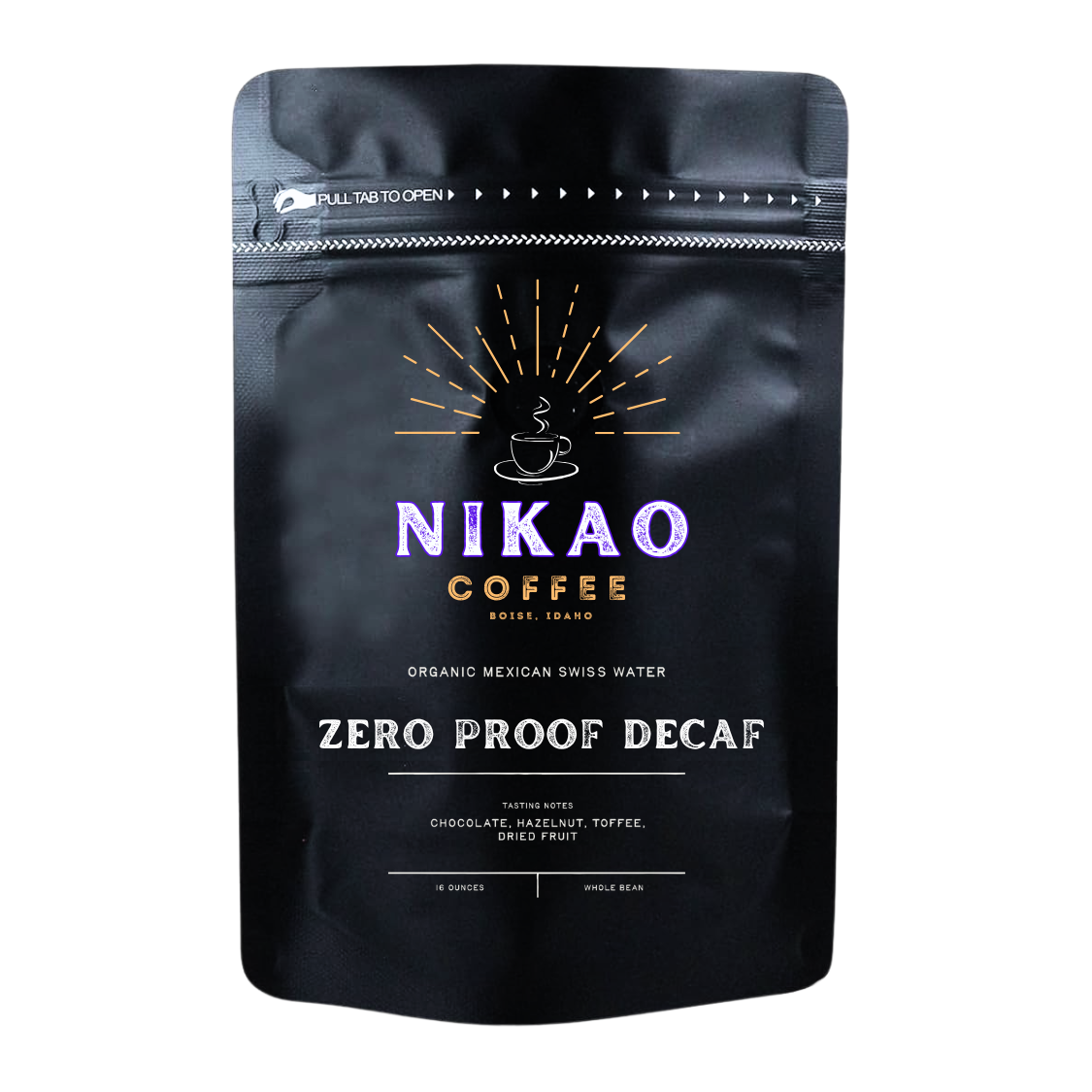 Nikao Coffee: Zero Proof Decaf 12 OZ Organic Coffee Beans. Medium.